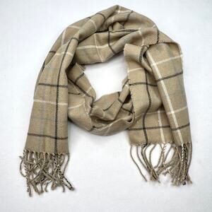 Calvin Klein Acrylic Tan Plaid Fringe Scarf